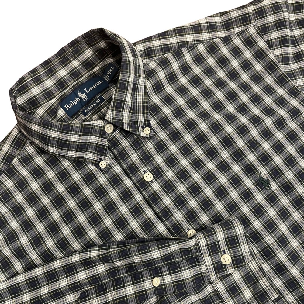 Ralph‎ Lauren Button Down Shirt Mens XL Navy White Plaid Classic Fit Long Sleeve